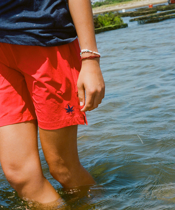 Swim Short in Red Navy Leaf